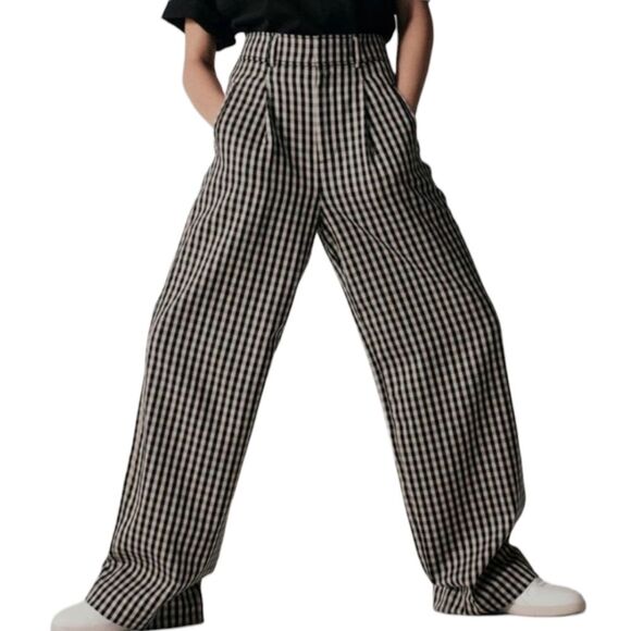 Everlane Black and White Checkered High Waisted Pleated Wide Leg Drape Pants 8 - Picture 1 of 5